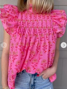 Pink Floral Flutter Sleeve Top